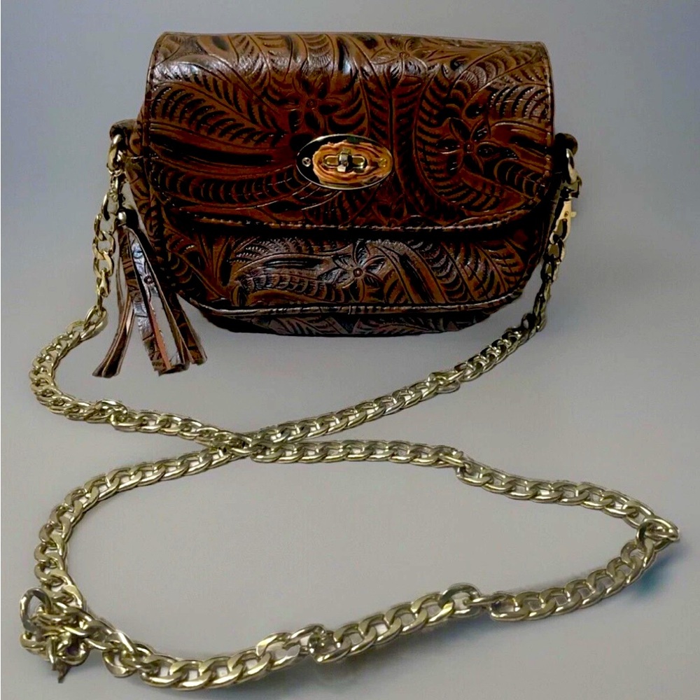 Kristine Shoulder Bag Gold Chain Turn Lock Brown Floral Vtg